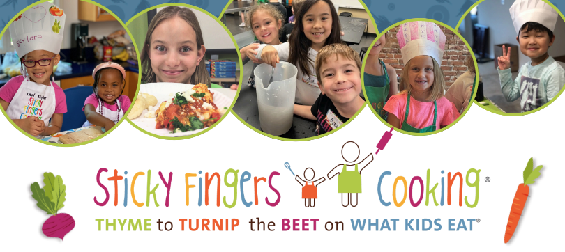 Sticky Fingers Cooking logo with a collage of young students cooking