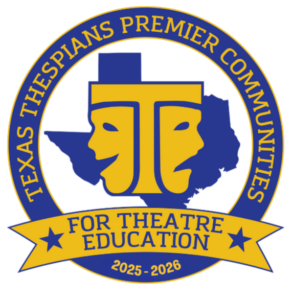 A circular logo featuring the text 'Texas Thespians Premier Communities' at the top, a stylized design of two theatrical masks in the center, and the phrase 'For Theatre Education' on a banner at the bottom, all set against a black background.