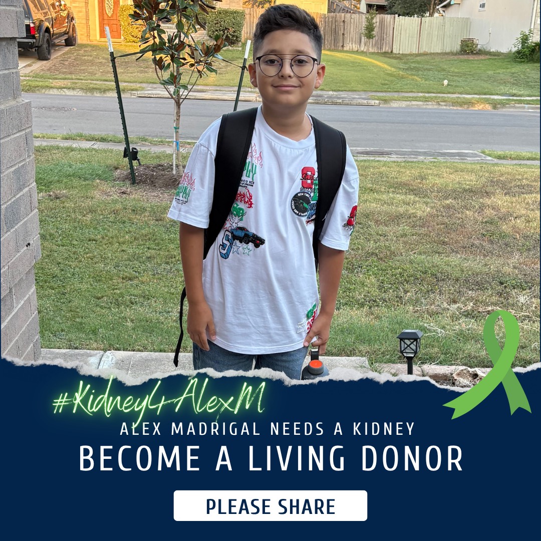 A photo of a young child Alex Madrigal with a caption "Alex Madrigal needs a kidney. Become a living donor. Please share."