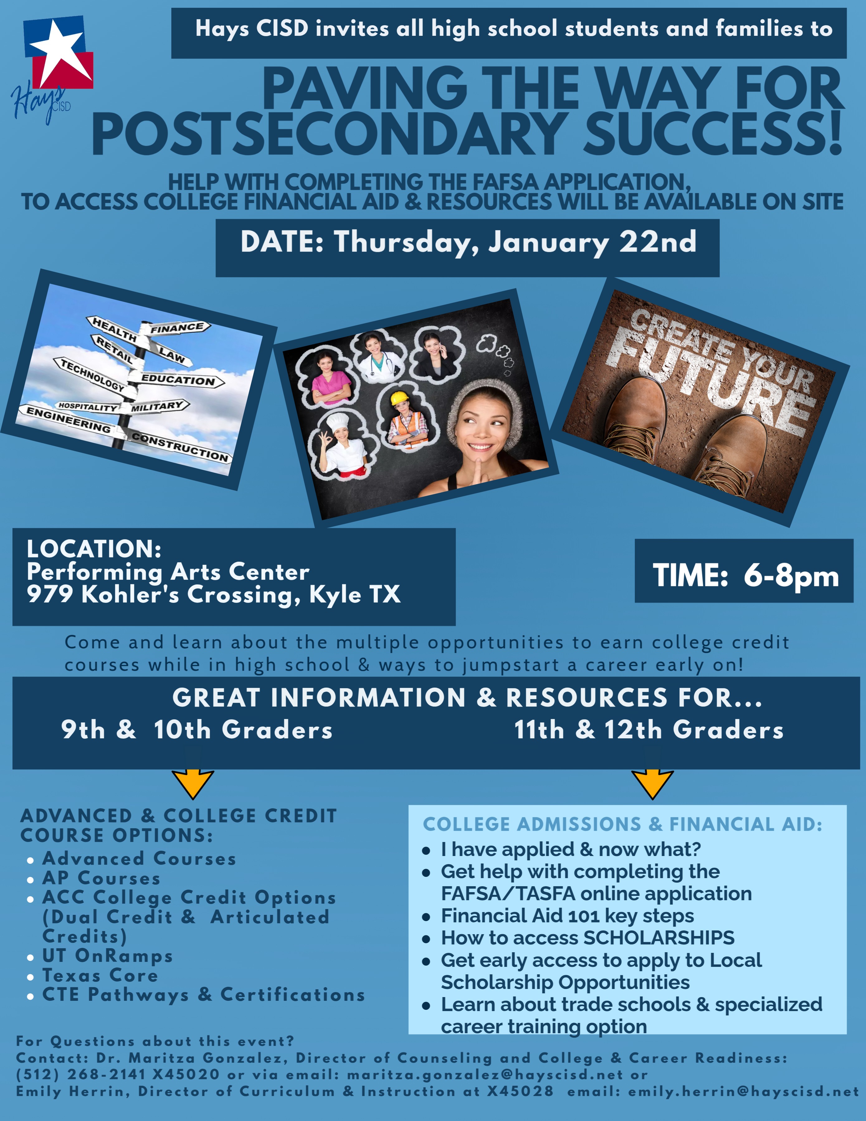 A colorful event flyer inviting high school students and families to a session on postsecondary success, featuring details about the date, location, and time, along with information for 9th to 12th graders regarding college admissions and resources.