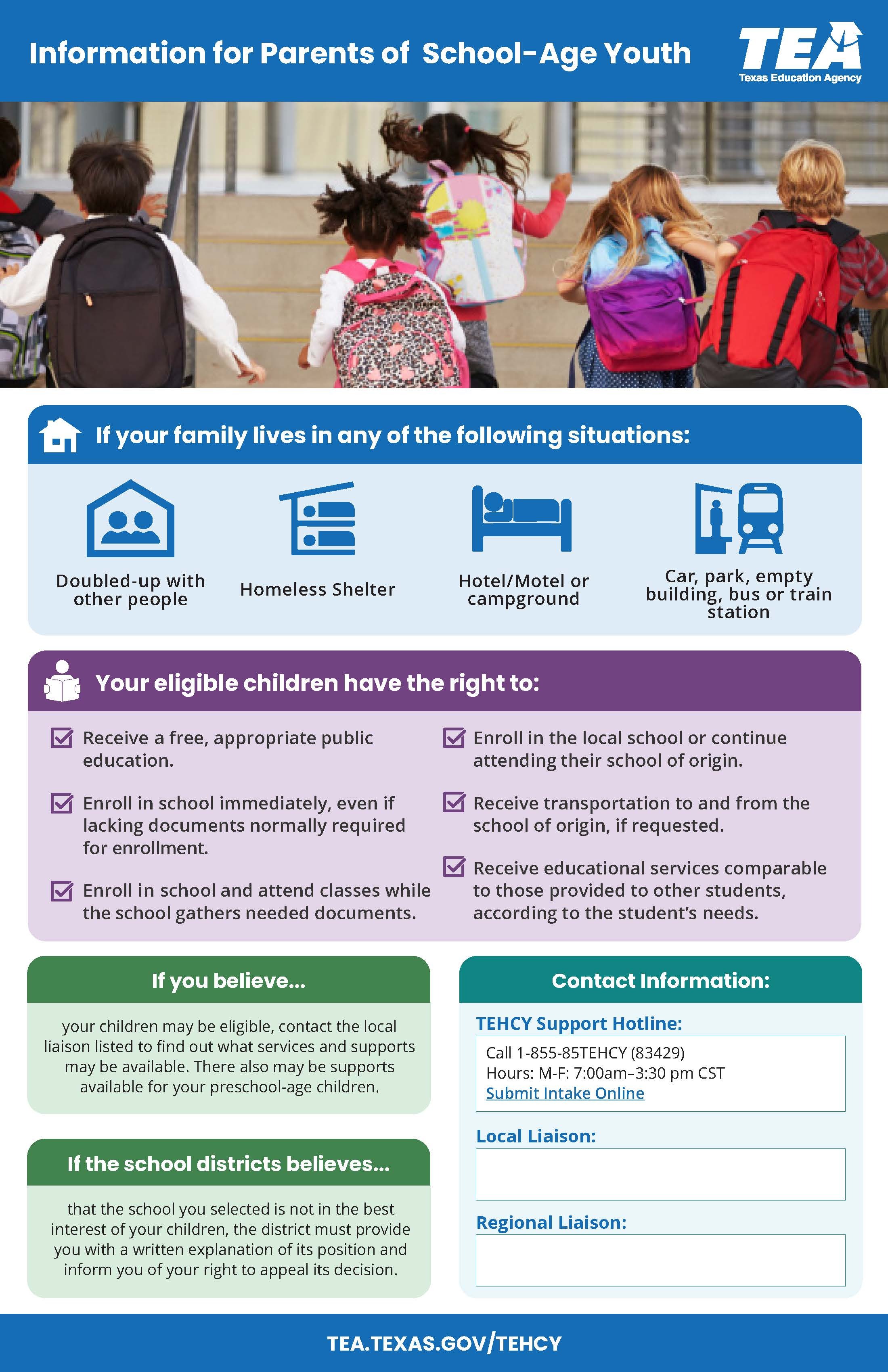 Texas Education Agency Information for School-Age Youth flyer