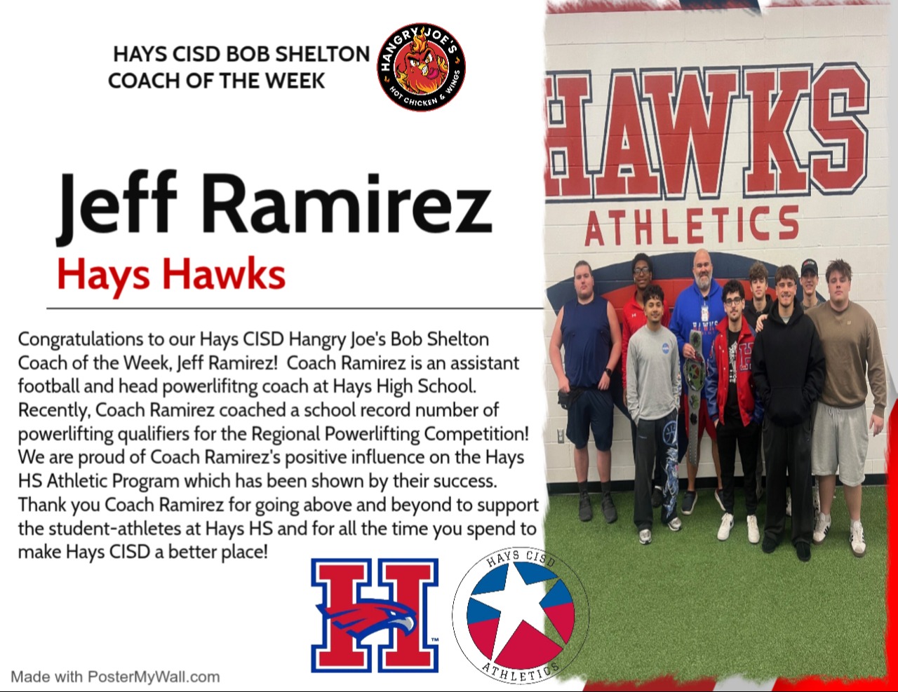 Coach Jeff Ramirez for Hays CISD Bob Shelton Coach of the Week