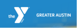 The YMCA Greater Austin name and logo against a blue background.