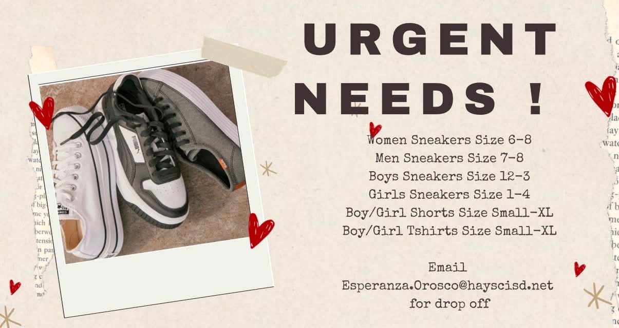 Urgent Needs graphic for various shoe sizes