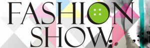 A graphic design featuring the words 'FASHION SHOW' in bold black letters, with a green button replacing the letter 'O' and a colorful geometric background.