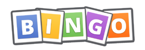 The word 'BINGO' is displayed in colorful block letters, with each letter in a different color, against a black background.