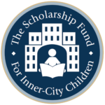 A circular logo featuring a stylized depiction of a child reading a book, surrounded by buildings, with the text 'The Scholarship Fund For Inner-City Children' around the edge.