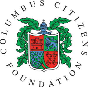 A coat of arms featuring a shield divided into four sections, adorned with various symbols including a castle, a lion, and a pattern, surrounded by green leaves and the text 'COLUMBUS CITIZENS FOUNDATION' in a circular arrangement.