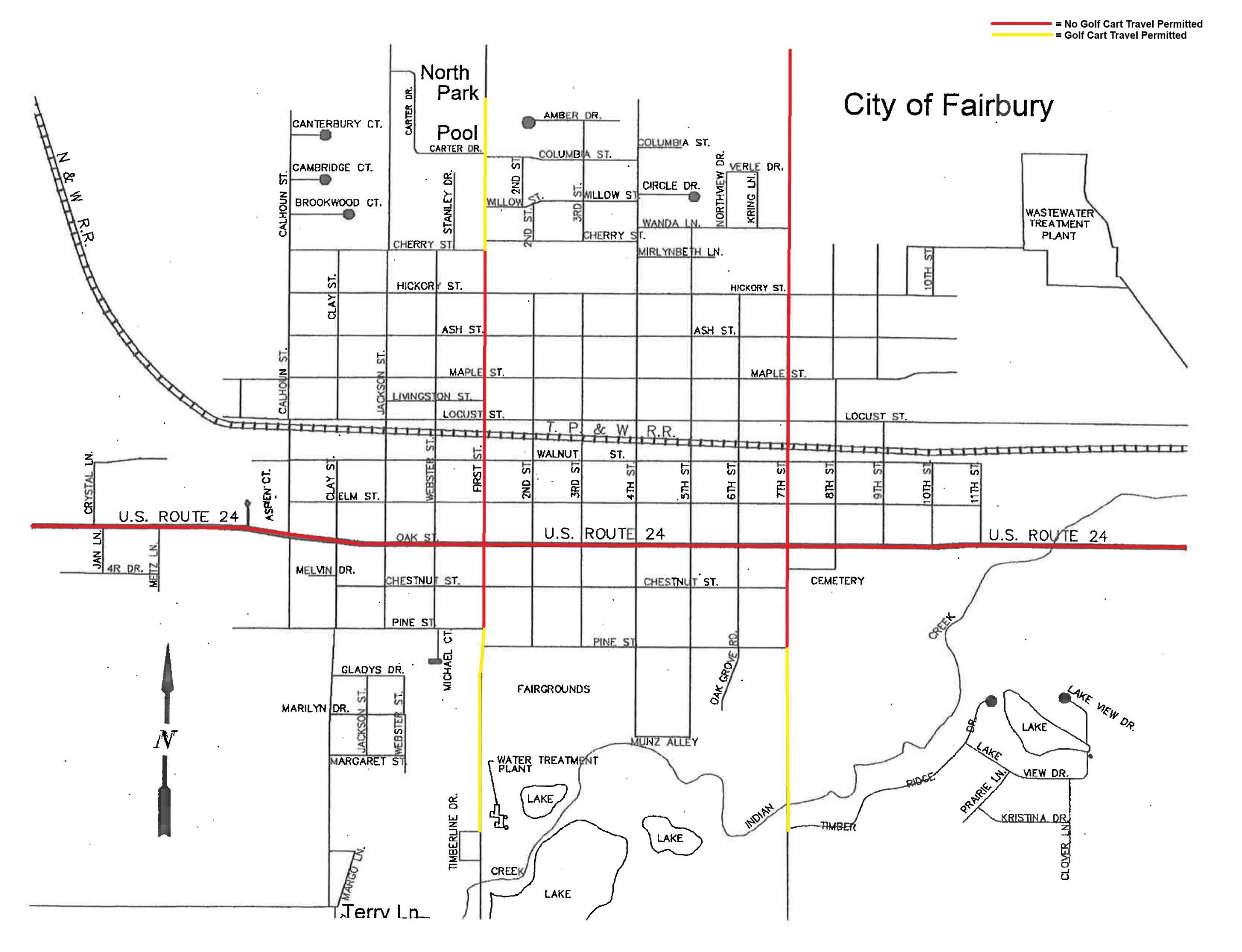 A map of the city of Fairbury, showing streets, landmarks, and a grid layout.