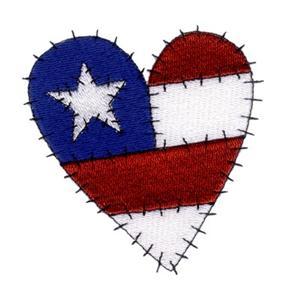 An embroidered heart design featuring a blue section with a white star and a red and white striped section, symbolizing patriotism.