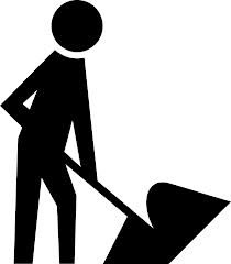 A simple black silhouette of a person using a shovel, depicted in a standing position with a shovel angled towards the ground.