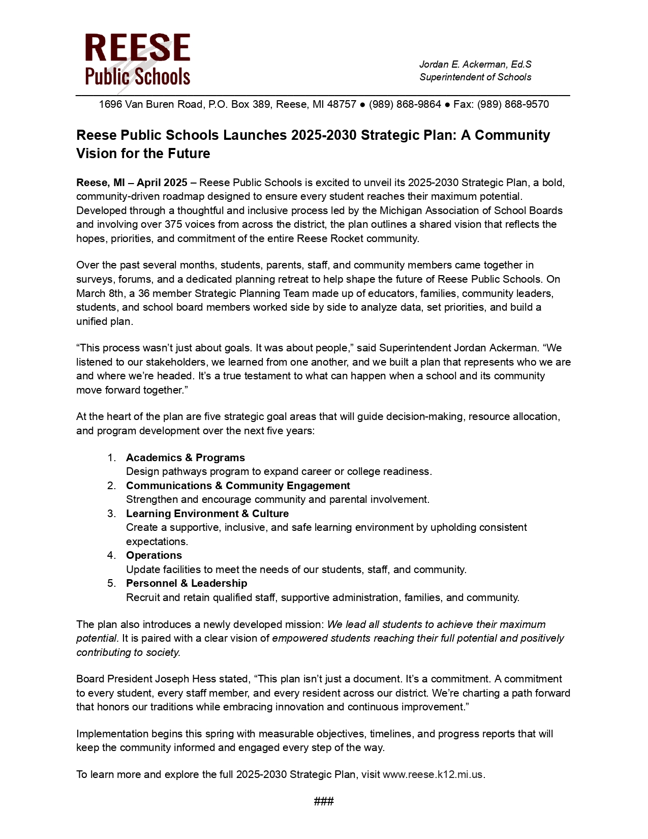 Strategic Plan Press Release