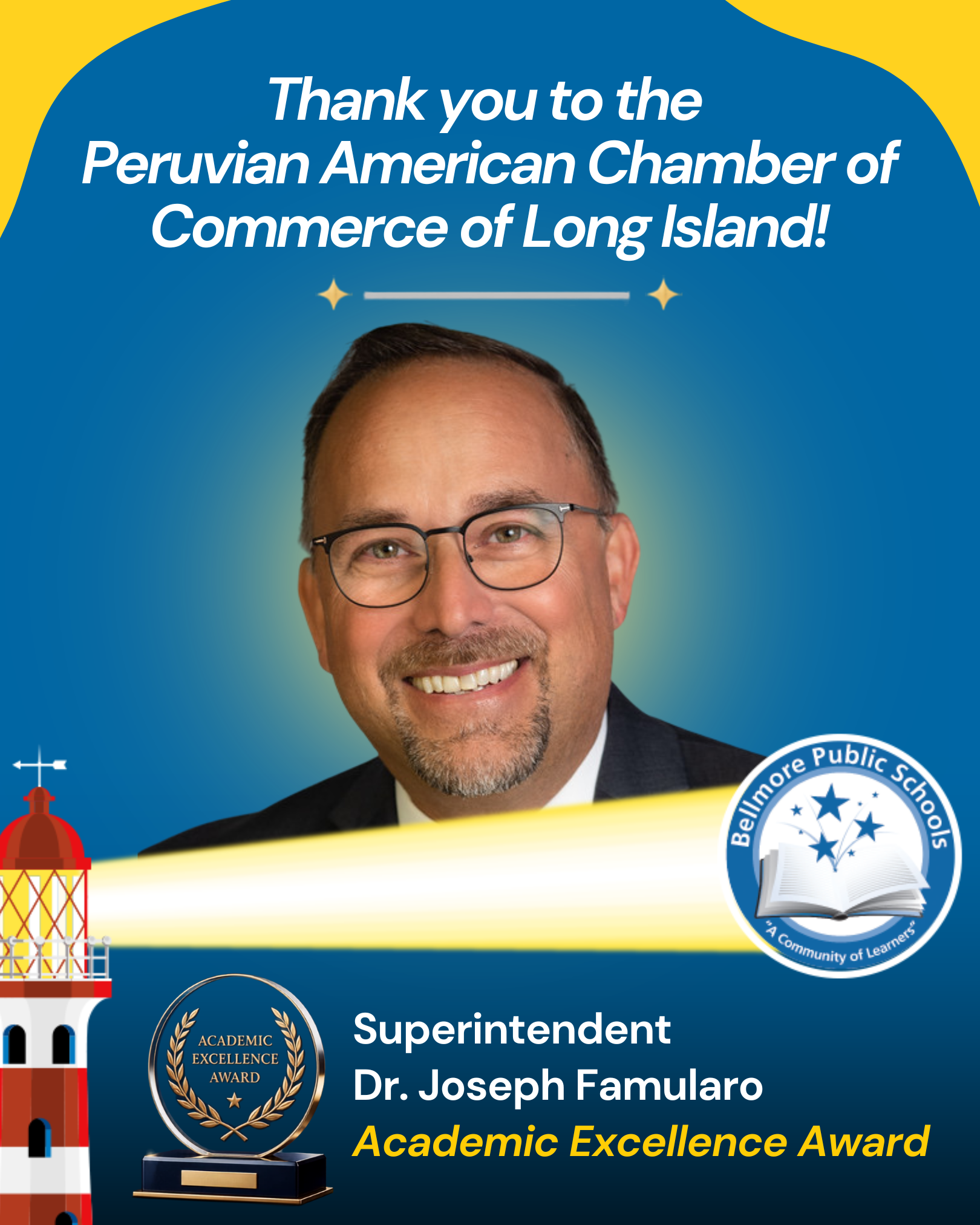 Thank you to the Peruvian American Chamber of Commerce of Long Island for recognizing Superintendent Dr. Joseph Famularo with the Academic Excellence Award at their 20th Anniversary Gala! #IgnitetheStarsWithin #StarsLeadandLearn