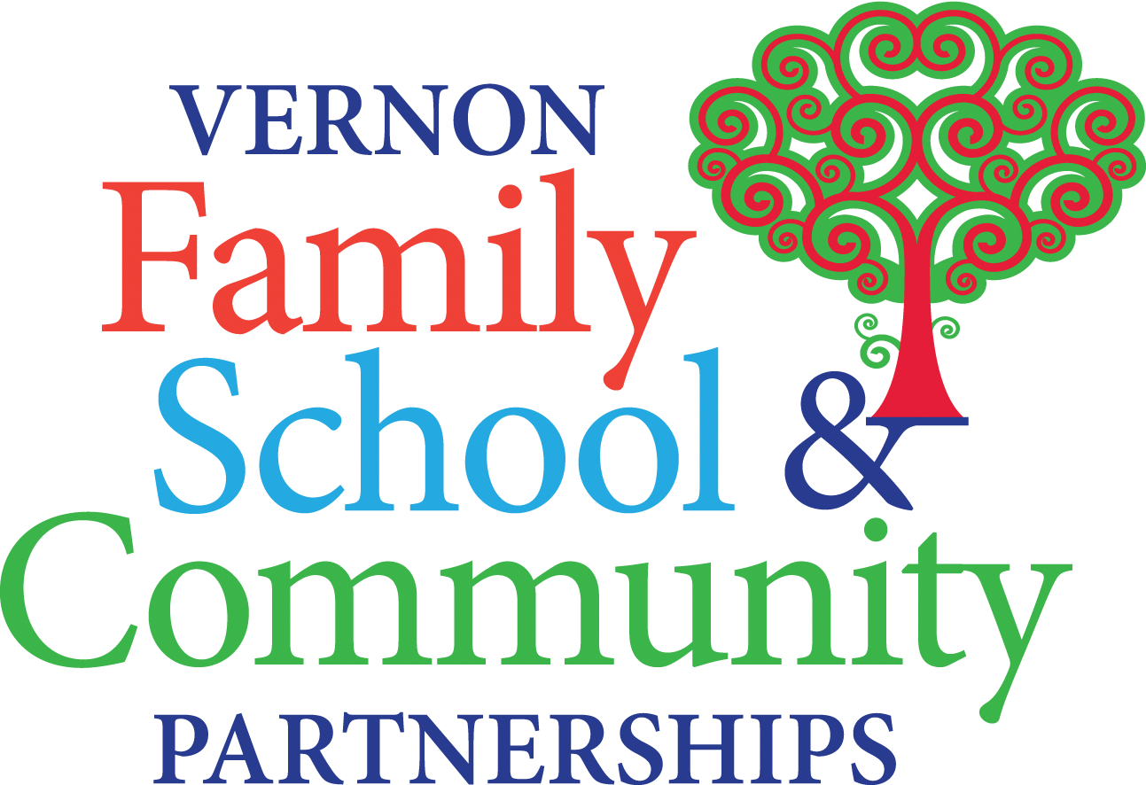 A colorful logo featuring the words 'Vernon Family School & Community Partnerships' with a stylized tree design.