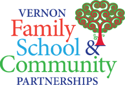 A colorful logo featuring the words 'Vernon Family School & Community Partnerships' with a stylized tree design above the text.
