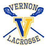 A logo featuring the word 'VERNON' above a large letter 'V' in blue and yellow, with the word 'LACROSSE' below, and two lacrosse sticks crossed behind the letter.