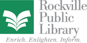 The logo of the Rockville Public Library featuring an open book icon and the text 'Rockville Public Library' along with the tagline 'Enrich. Enlighten. Inform.'