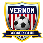 A logo featuring a shield design with red and white vertical stripes, the word 'VERNON' at the top, a black and white soccer ball in the center, and the text 'SOCCER CLUB' on a blue ribbon at the bottom.