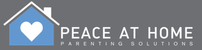 A logo featuring a blue house with a heart symbol and the text 'PEACE AT HOME PARENTING SOLUTIONS' in white letters.