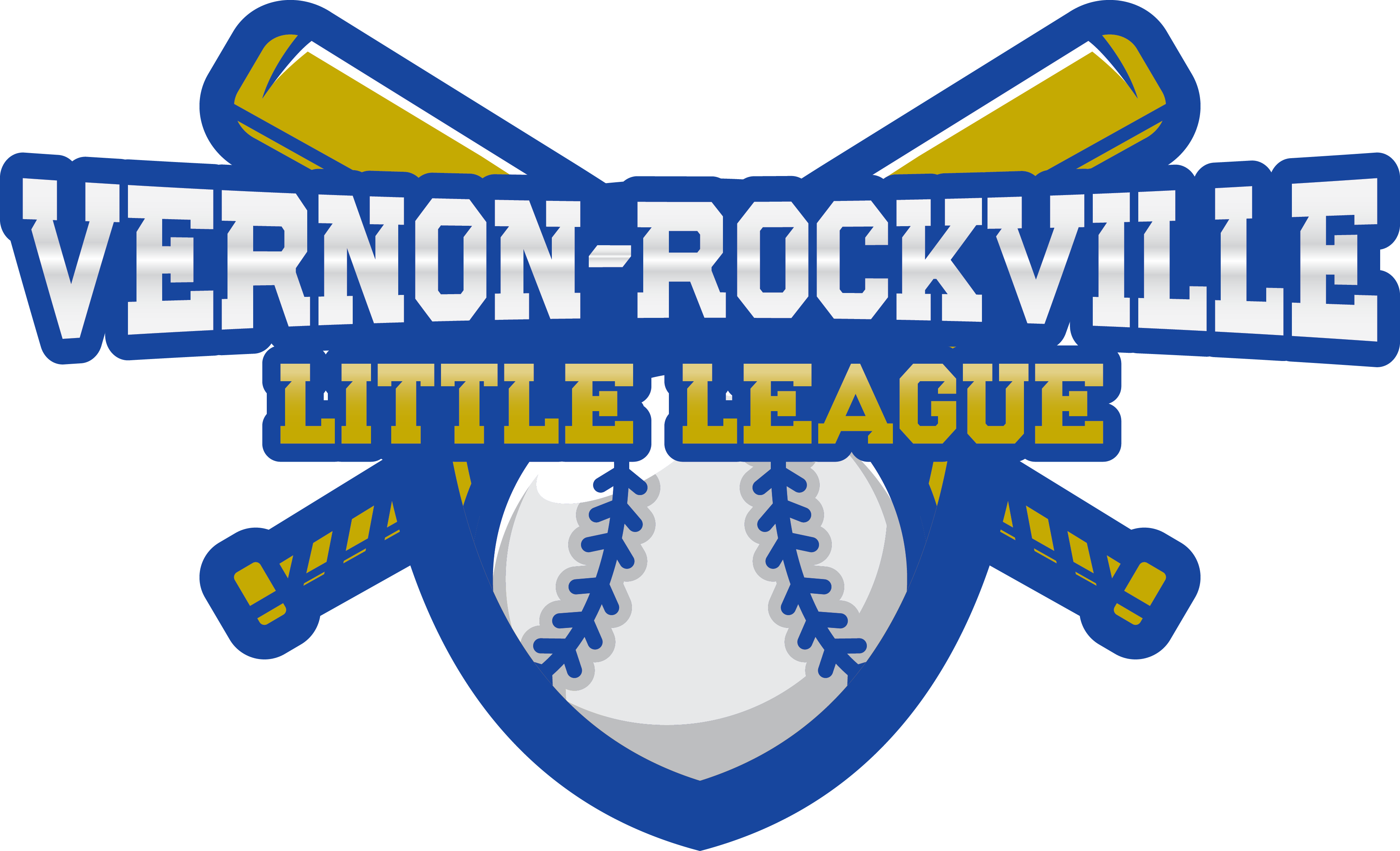 A logo featuring crossed baseball bats and a baseball, with the text 'VERNON-ROCKVILLE LITTLE LEAGUE' prominently displayed.