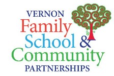 A colorful logo featuring the words 'Vernon Family School & Community Partnerships' with a stylized tree design.