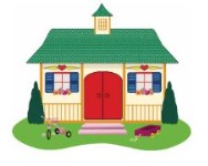A colorful, cartoon-style house with a green roof, red doors, and flower boxes under the windows, surrounded by two small trees and a toy lawnmower on the left.