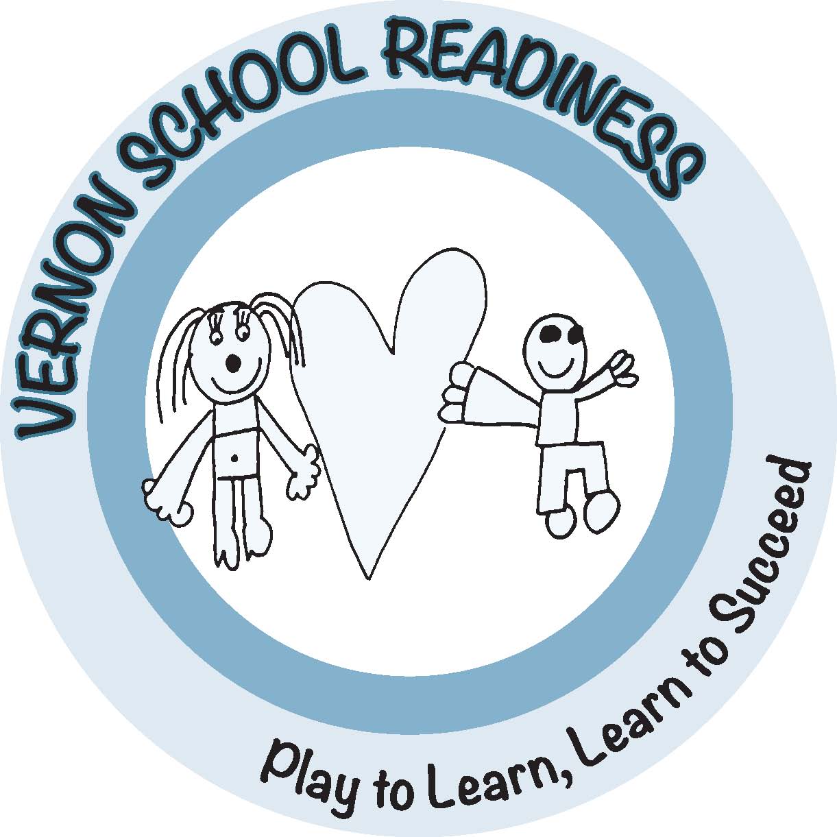 A circular logo featuring a drawing of a girl and a boy holding a heart, with the text 'VERNON SCHOOL READINESS' at the top and 'Play to Learn, Learn to Succeed' at the bottom.