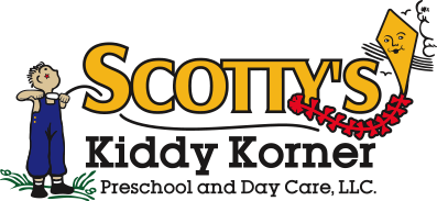 A colorful logo featuring a cartoon boy in overalls, the text 'Scotty's Kiddy Korner' in bold letters, and a playful kite design, indicating a preschool and daycare service.