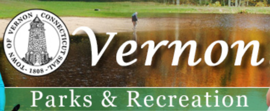 A logo for the Town of Vernon, Connecticut, featuring the text 'Vernon Parks & Recreation' with a scenic background of a lake and a person fishing.