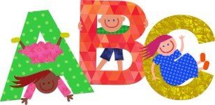 Colorful letters A, B, and C are decorated with playful patterns, accompanied by cartoon children in various poses, promoting a fun learning atmosphere.