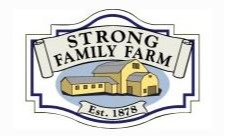 A logo featuring the text 'STRONG FAMILY FARM' above an illustration of a yellow barn and buildings, with 'Est. 1878' at the bottom.