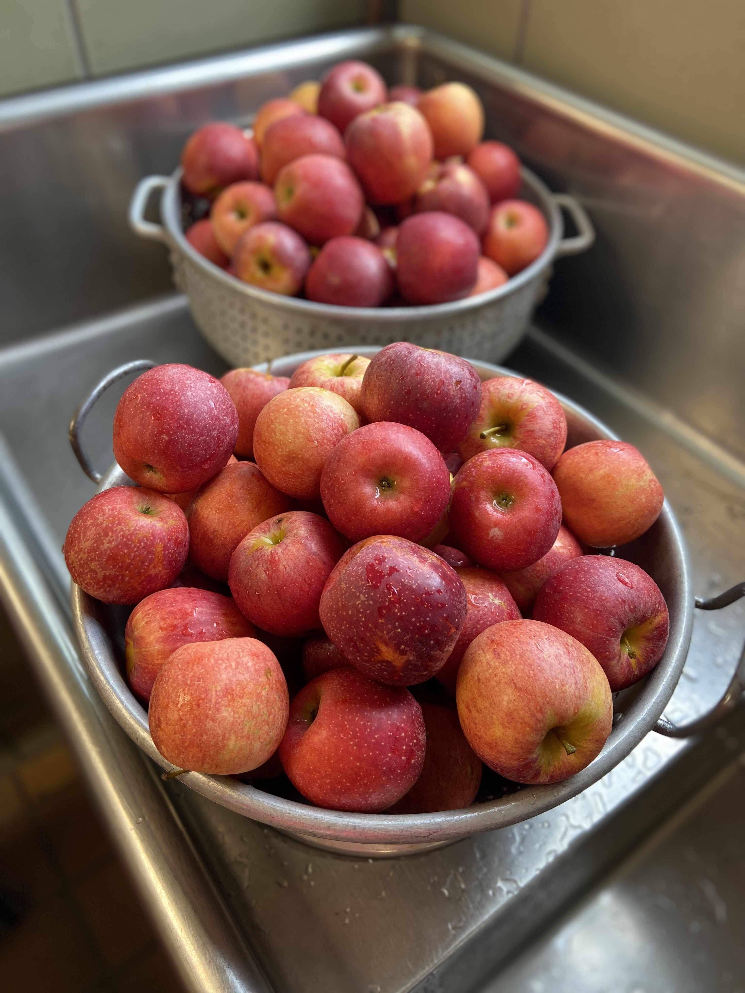 Two colanders filled with red apples, one stacked on top of the other, resting in a stainless steel sink.