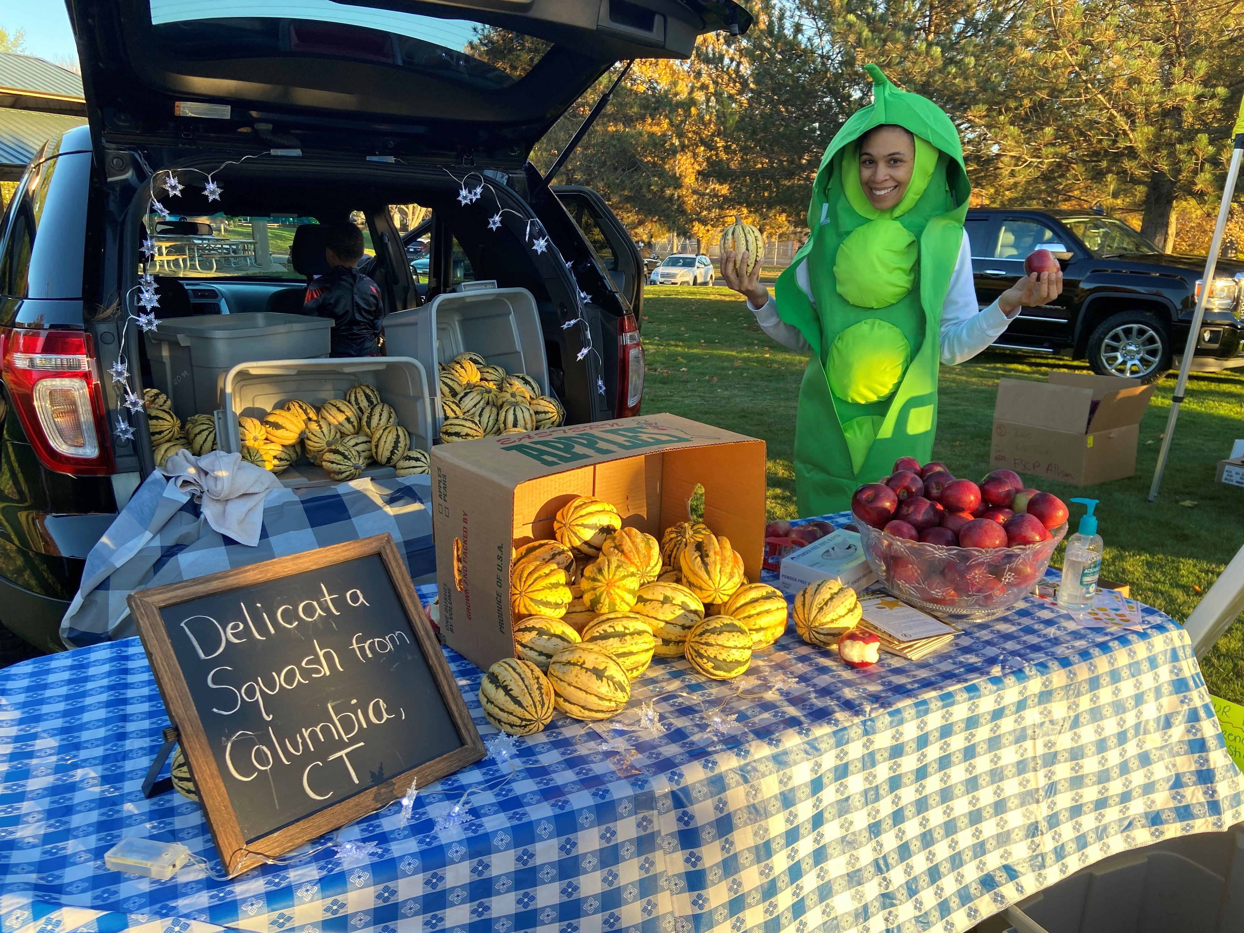 A person dressed in a green pea costume stands next to a table filled with various fruits and vegetables, including delicata squash and apples, at a market setting.