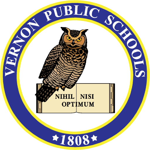The logo of Vernon Public Schools features an owl perched on an open book with the Latin phrase 'NIHIL NISI OPTIMUM' below it, surrounded by a circular blue border with the text 'VERNON PUBLIC SCHOOLS' and the year '1808'.