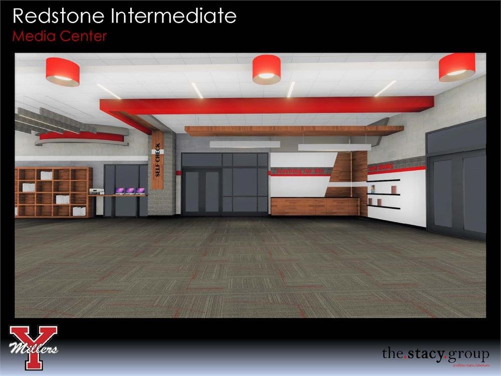 A digital rendering of the Redstone Intermediate Media Center, featuring a spacious interior with red accents, shelving units, and large windows.