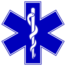 A blue Star of Life symbol featuring a white caduceus in the center, commonly associated with emergency medical services.