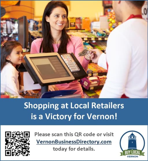 A woman and a child are at a checkout counter in a store, engaging with a cashier while a QR code and promotional text encourage shopping at local retailers in Vernon.