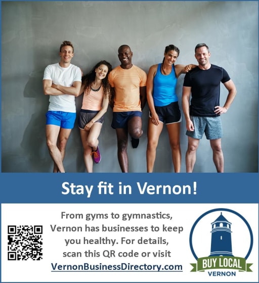 A group of five diverse individuals in athletic wear stand together against a gray wall, promoting local fitness businesses in Vernon with a QR code and website link for more information.