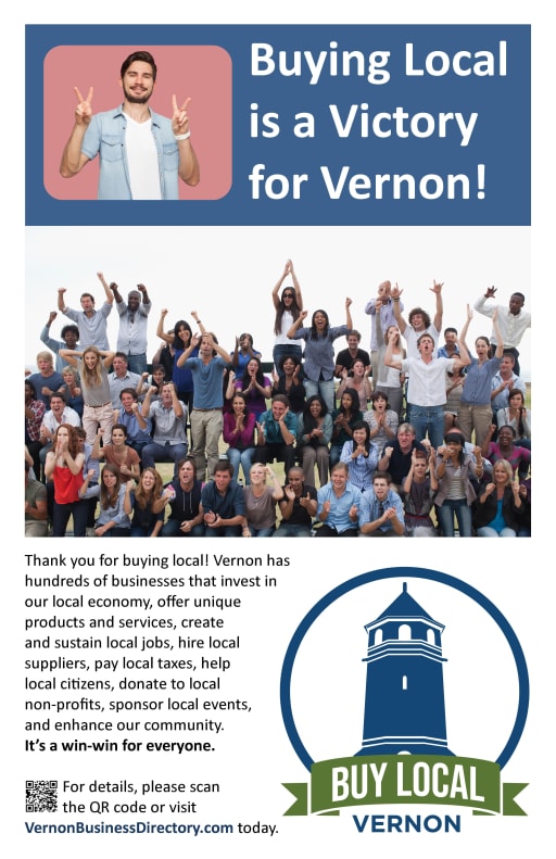 A promotional poster encouraging local shopping in Vernon, featuring a diverse group of people celebrating, with a lighthouse logo and text highlighting the benefits of buying local.