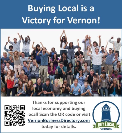 A diverse group of people stands together outdoors, celebrating with raised arms, alongside a message promoting local buying in Vernon, featuring a QR code and a lighthouse logo.