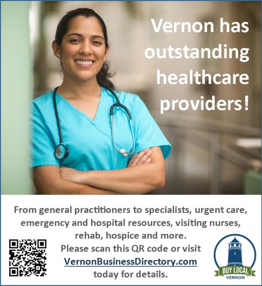 A smiling healthcare professional in scrubs stands with arms crossed, promoting Vernon’s healthcare providers with text highlighting various services available.