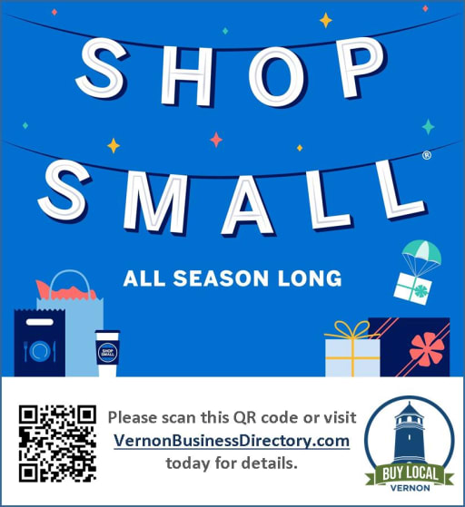A promotional graphic featuring the text 'SHOP SMALL' on a blue background, with festive icons like shopping bags and gifts, and a QR code for more information.