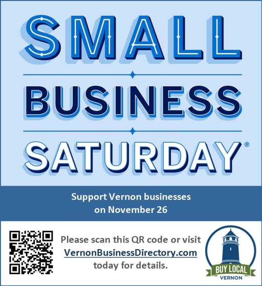 A promotional graphic for Small Business Saturday, encouraging support for Vernon businesses on November 26, featuring a QR code for more information.