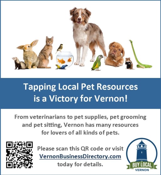 A promotional image featuring various pets, including a dog, cat, bird, and rabbit, with text encouraging local pet resource engagement in Vernon, along with a QR code for more information.