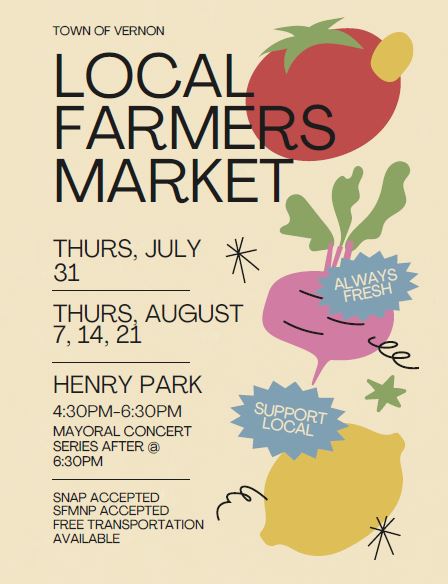 Local Farmers Market - Thursday, July 31, Aug. 7, 14 and 21 at Henry park