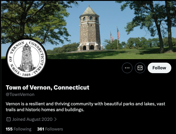 Town of Vernon Connecticut Seal 1808 Town of Vernon, Connecticut @TownVernon Vernon is a resilient and thriving community with beautiful parks and lakes, vast trails and historic homes and buildings. Image of The Tower on Fox Hill in Henry Park
