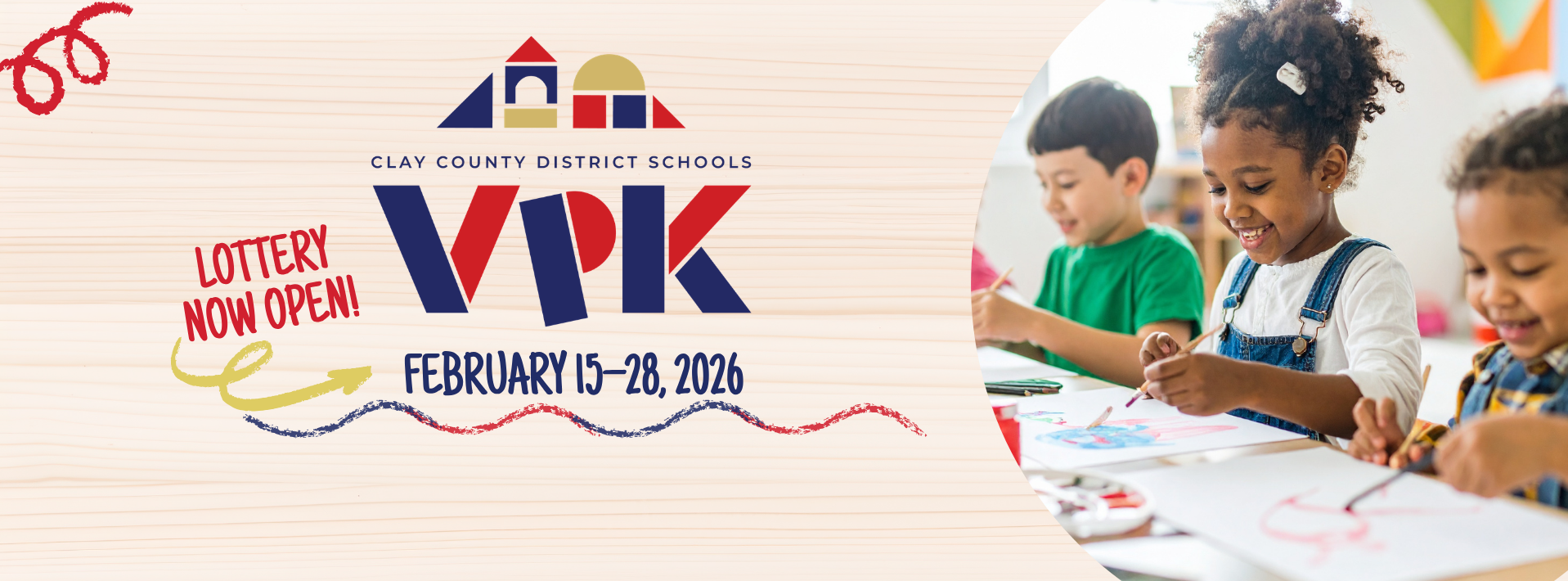 Image of pre-school children painting at a table. Decorative graphic with text that reads: Clay County District Schools VPK Lottery Now Open February 15-28, 2026.