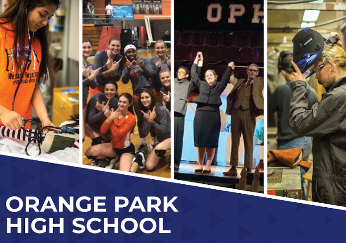 A collage of photos showcasing the Orange Park High School and various school events, including sports teams, students, staff, and activities.