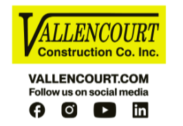 Logo for Vallencourt Construction Co. Inc. with yellow background and black text. Icons for Facebook, Instagram, YouTube, and LinkedIn below.