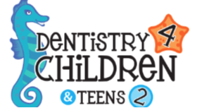 Logo featuring a blue seahorse, text "Dentistry for Children & Teens", and numbers "4" and "2" next to orange star and blue icon.
